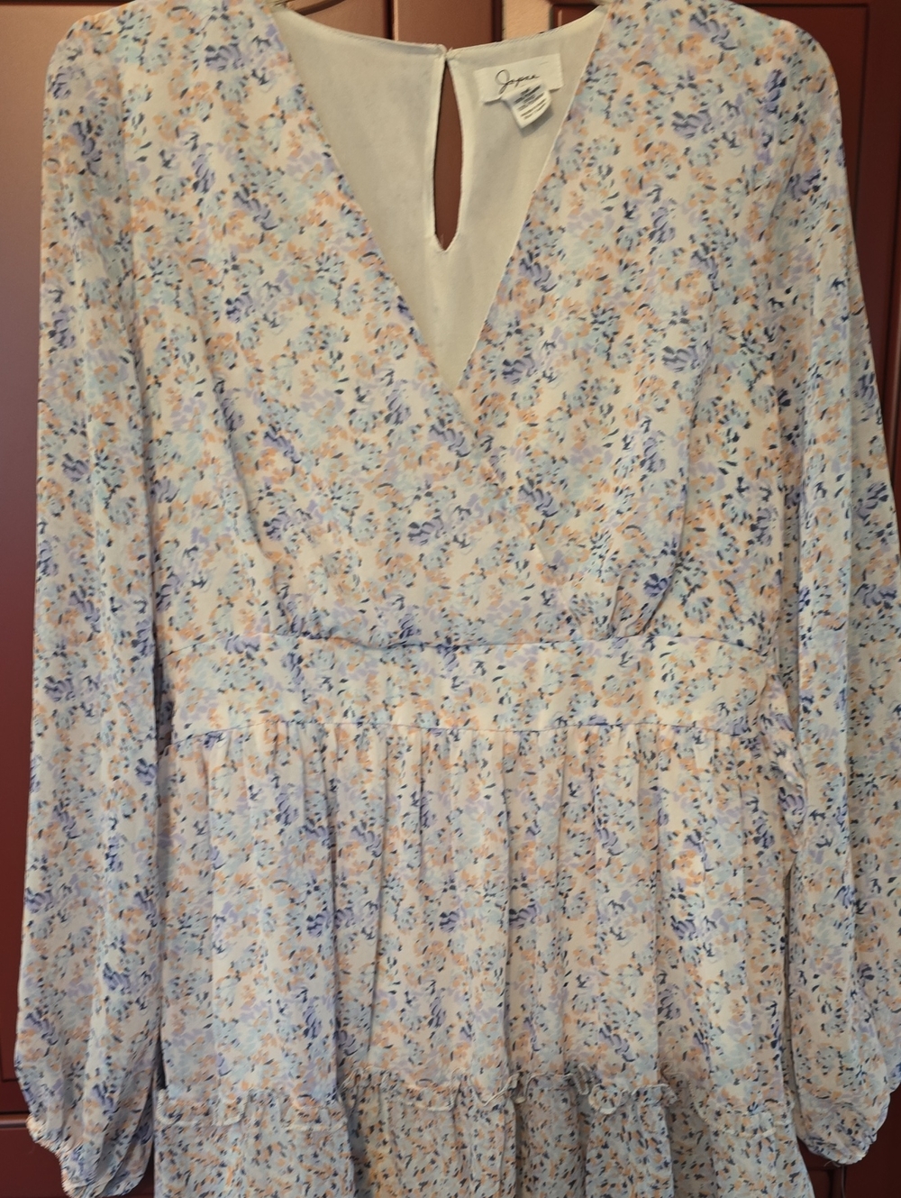 Japna Pastel Floral V-Neck Long Sleeve Tiered Dress Small
